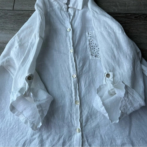 Elissia Pure Linen Studded Accent  White Button Down Shirt Blouse Made in Italy - Picture 12 of 16